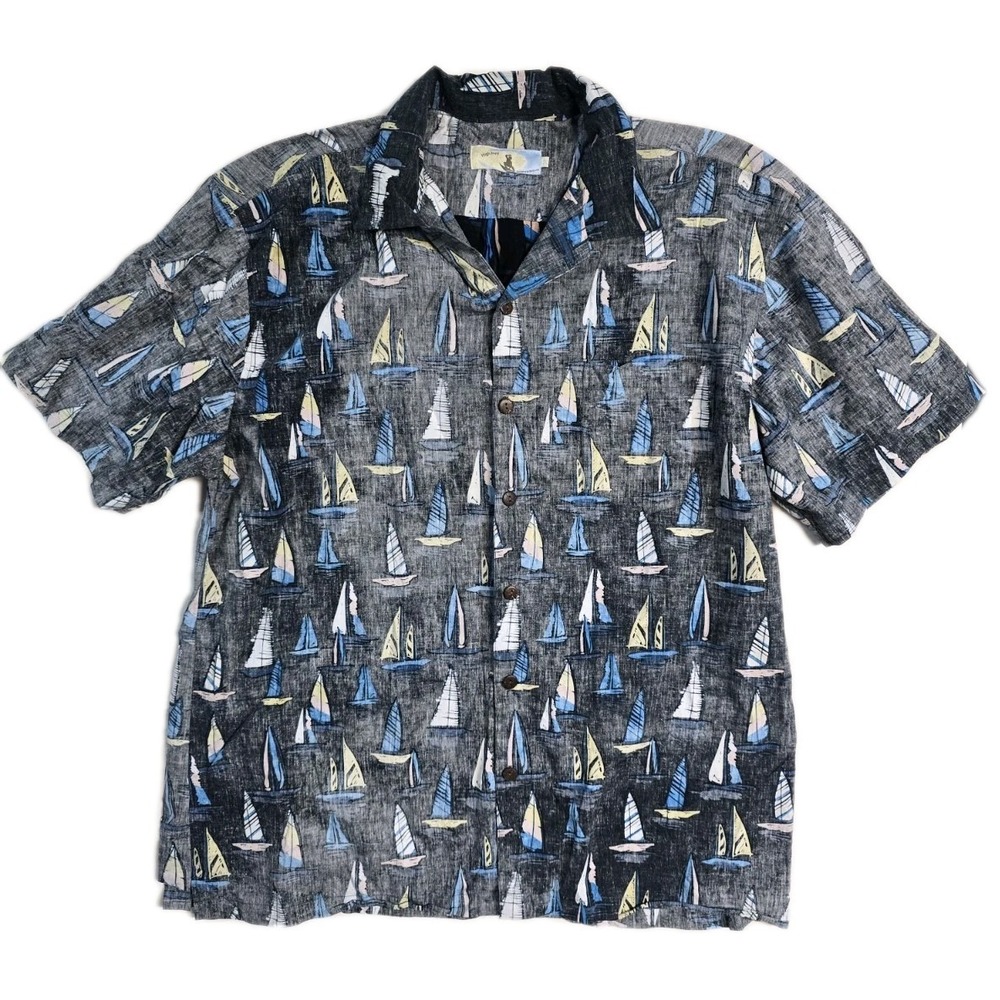 High Surf Men's 2XL Shirt Short Sleeve Dark Grey with Sailboats Cotton Hawaiian